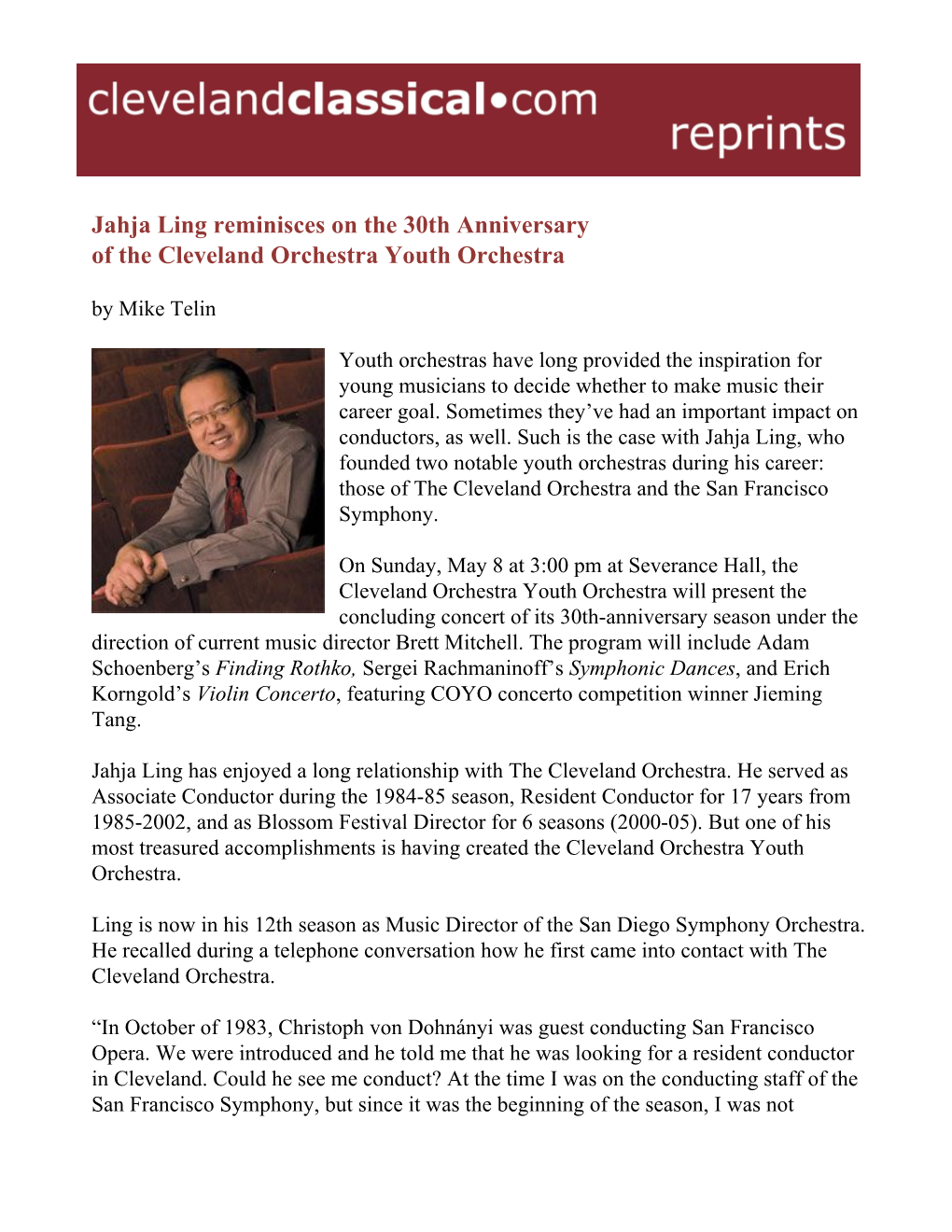 Jahja Ling Reminisces on the 30Th Anniversary of the Cleveland Orchestra Youth Orchestra by Mike Telin