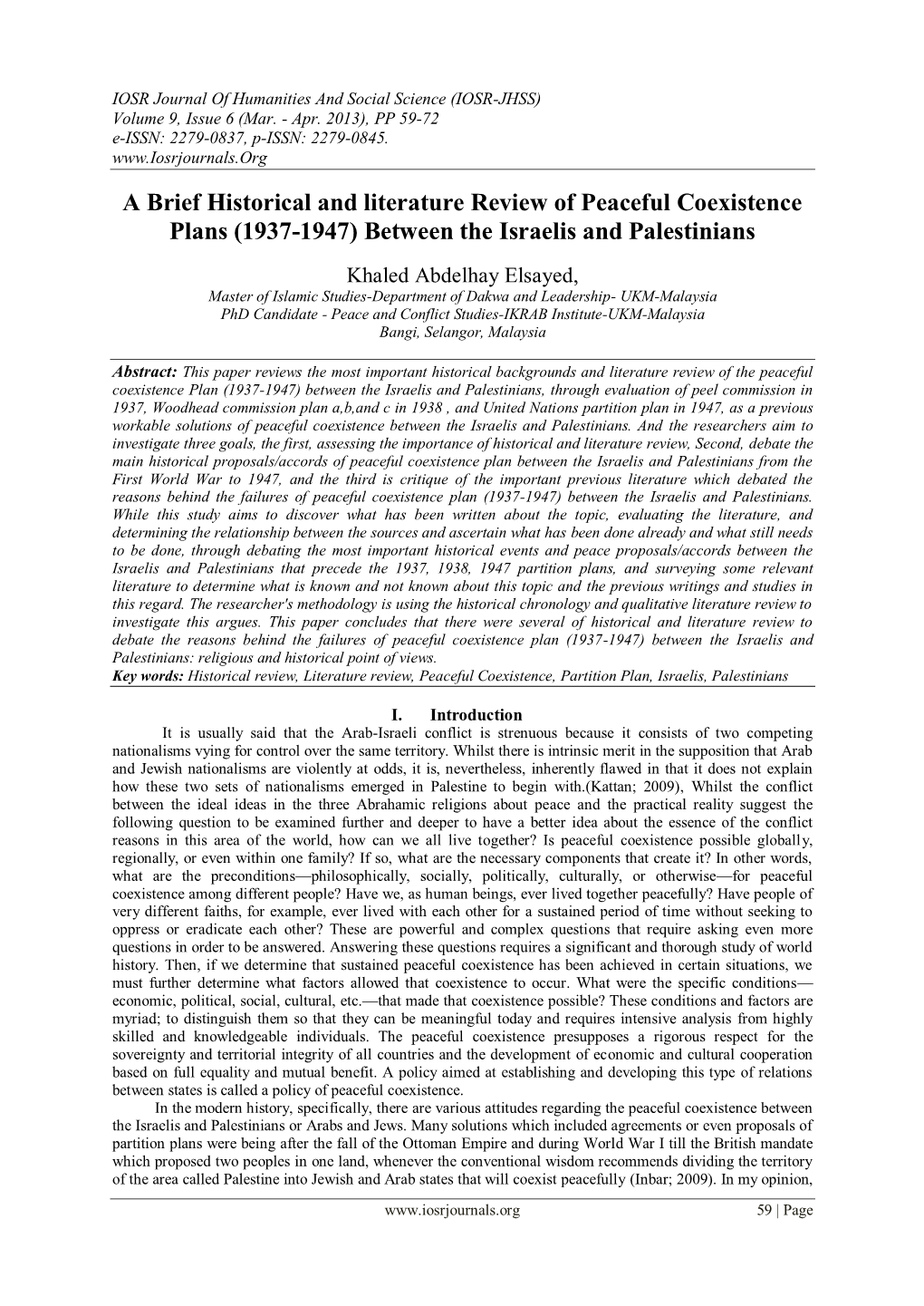 A Brief Historical and Literature Review of Peaceful Coexistence Plans (1937-1947) Between the Israelis and Palestinians