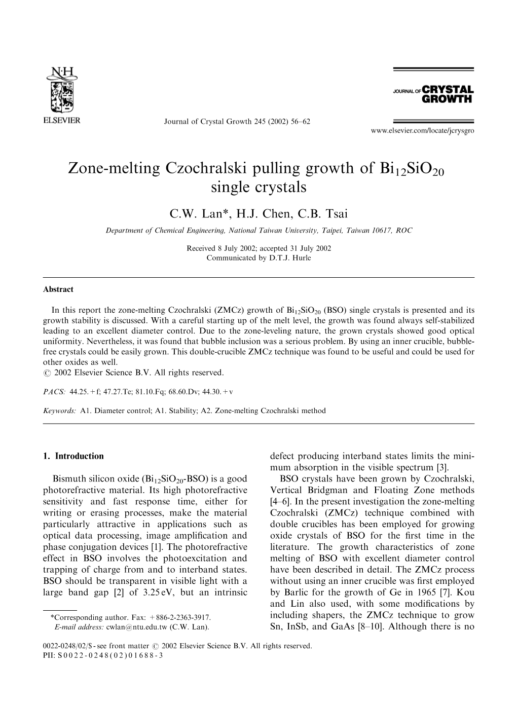 Zone-Melting Czochralski Pulling Growth of Bi12sio20 Single Crystals