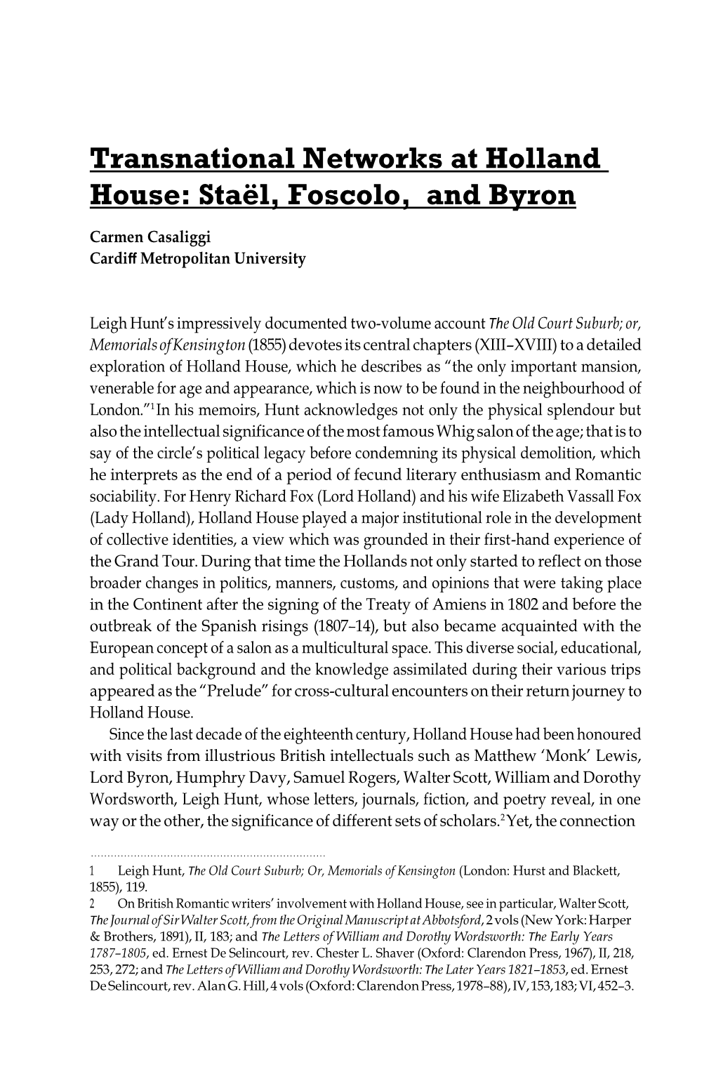 Transnational Networks at Holland House: Staël, Foscolo, and Byron