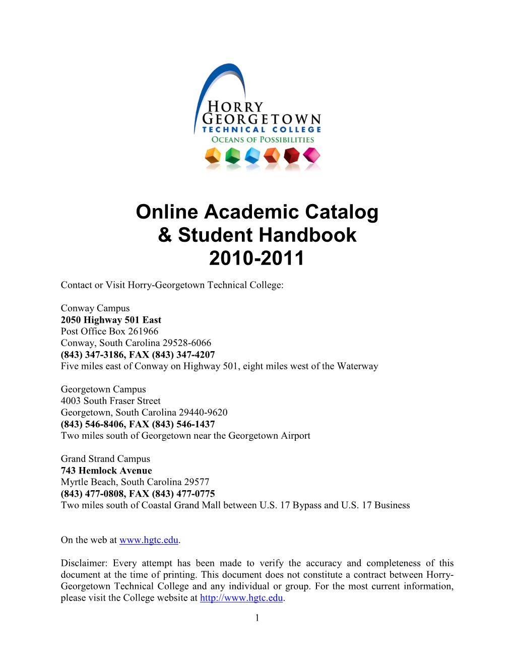 Online Academic Catalog & Student Handbook 2010-2011