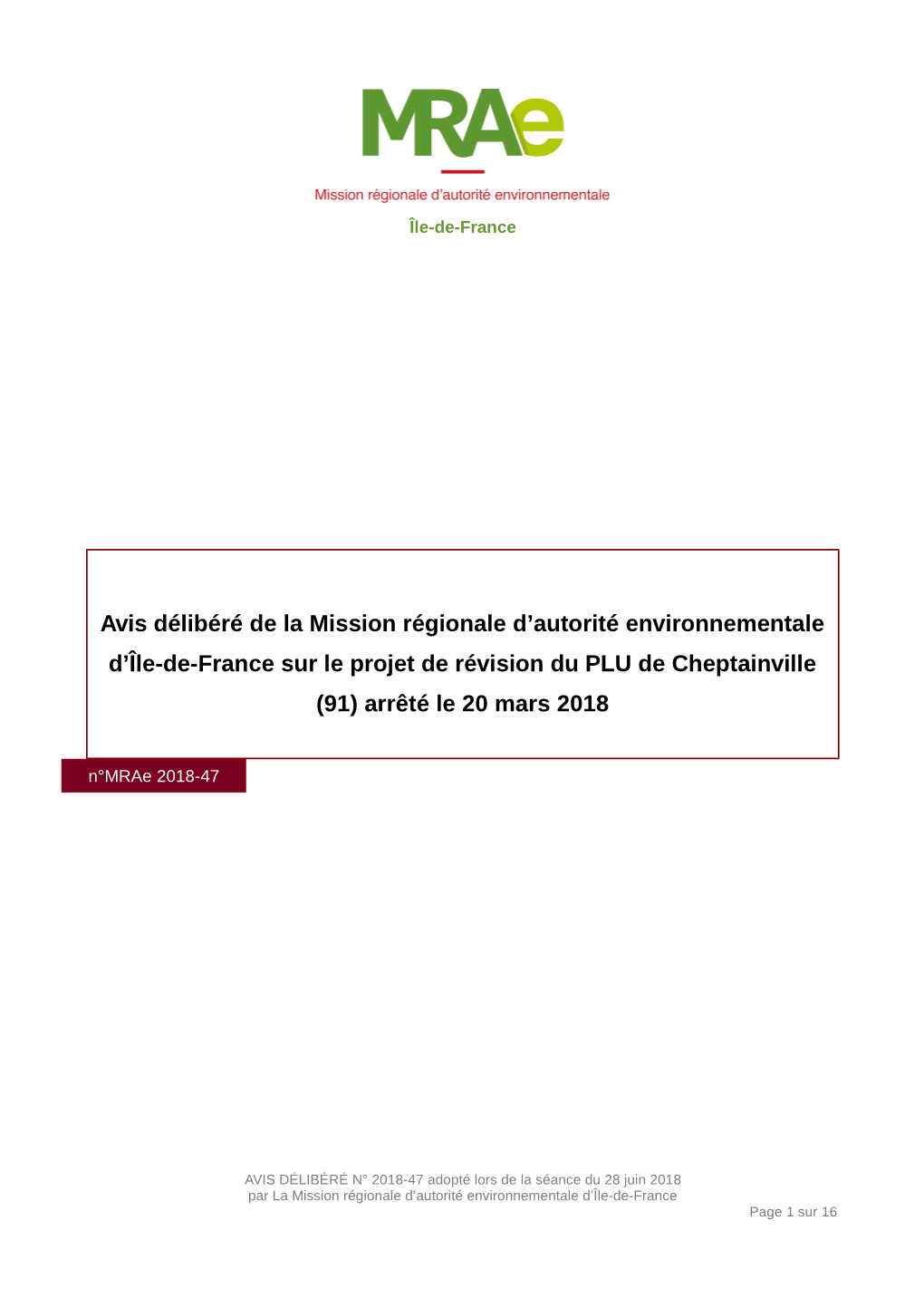 Avis Délibéré De La Mission Régionale D'autorité Environnementale D'île-De-France Sur Le Projet De Révision Du PLU De