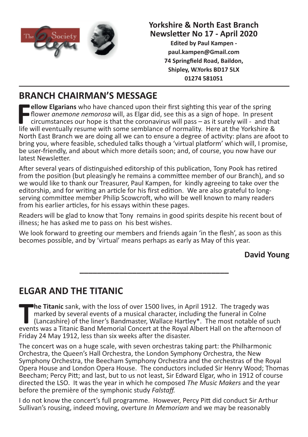 Branch Chairman's Message Elgar and the Titanic