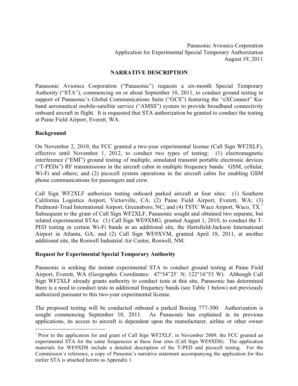 Panasonic Avionics Corporation Application for Experimental Special Temporary Authorization August 19, 2011