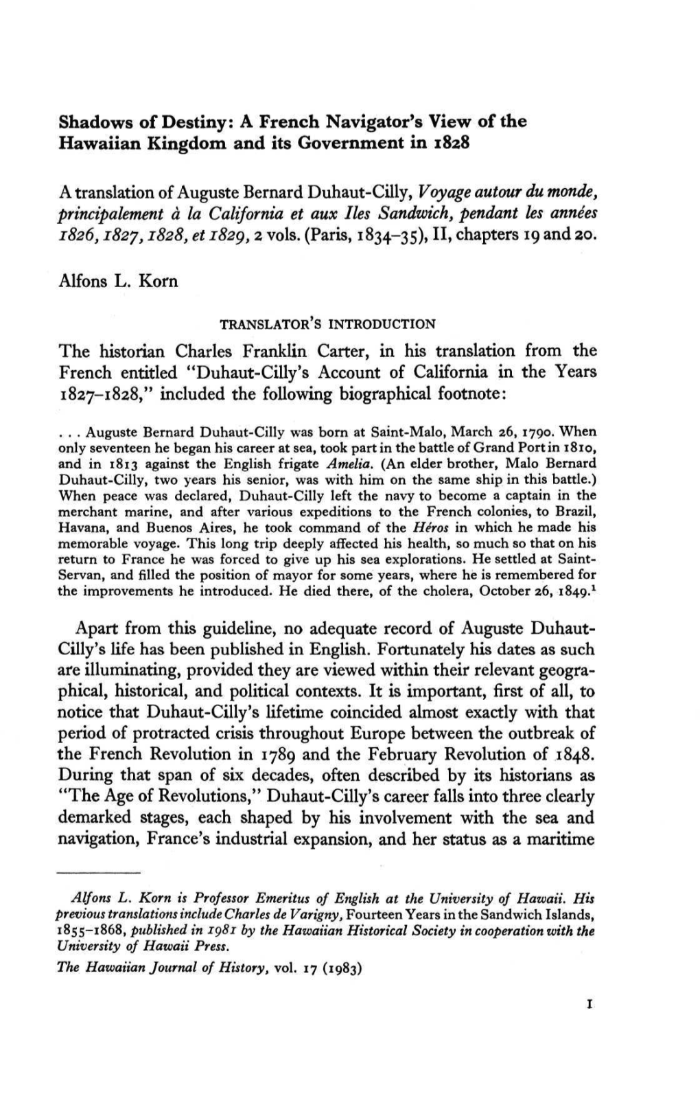 A French Navigator's View of the Hawaiian Kingdom and Its Government in 1828