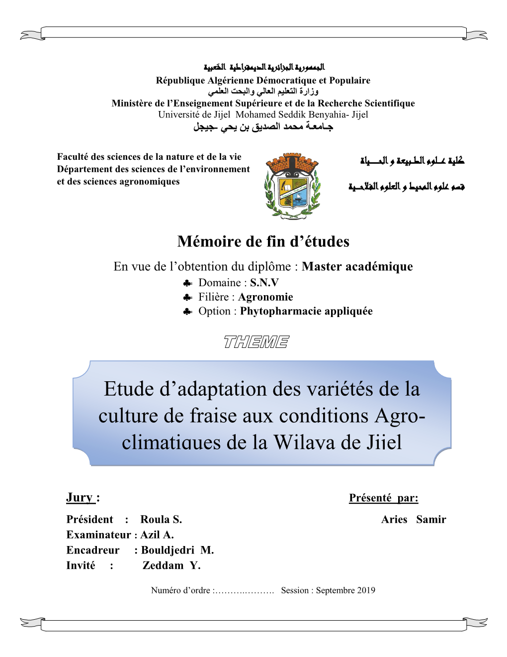 Etude D'adaptation Des Variétés De La Culture De Fraise Aux Conditions Agro