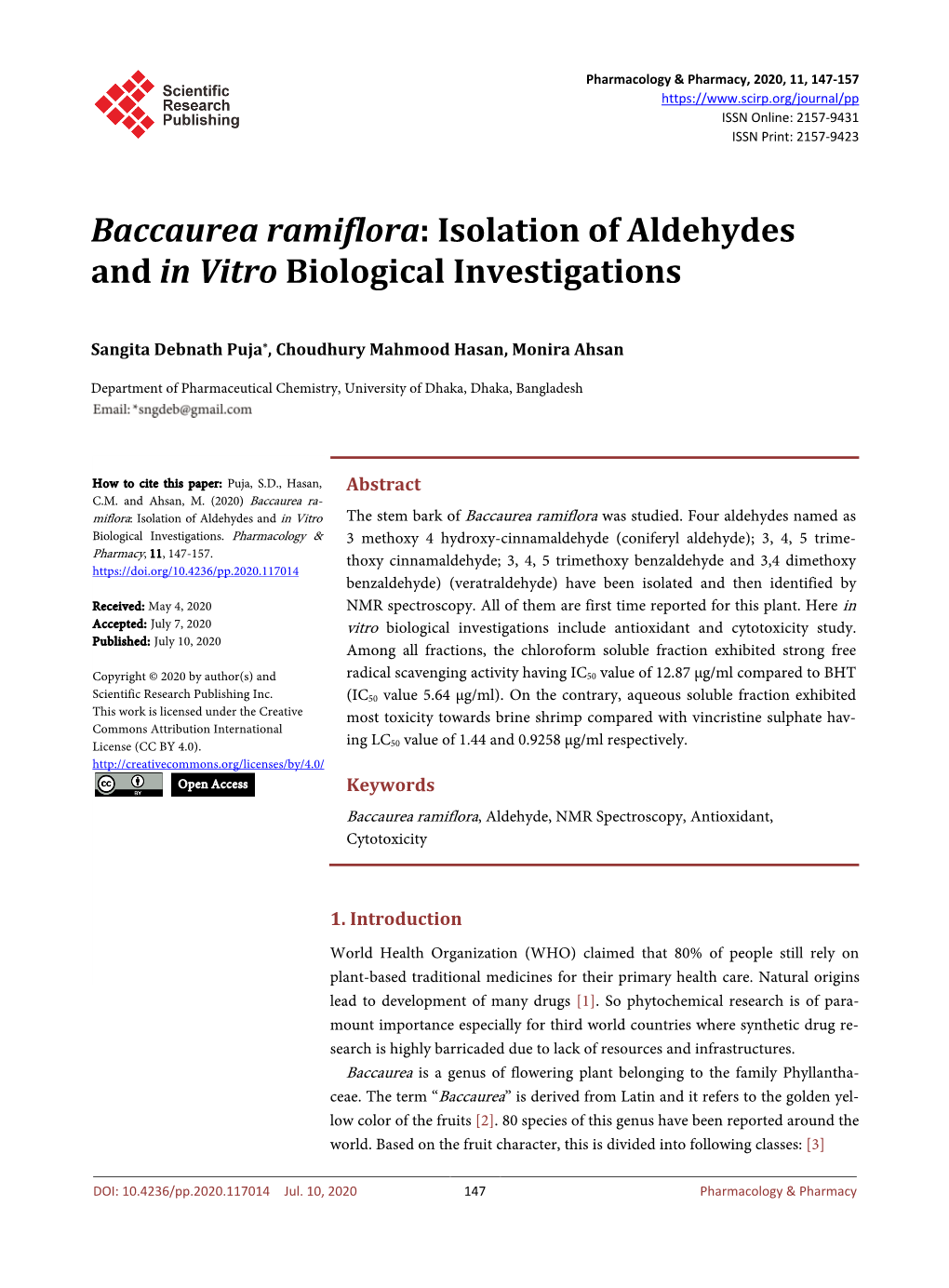 Baccaurea Ramiflora: Isolation of Aldehydes and in Vitro Biological Investigations