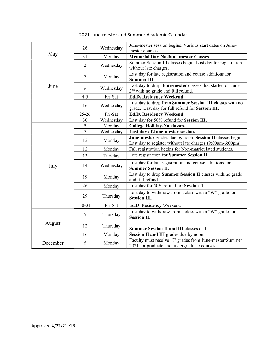 June-Mester and Summer 2021 Academic Calendar