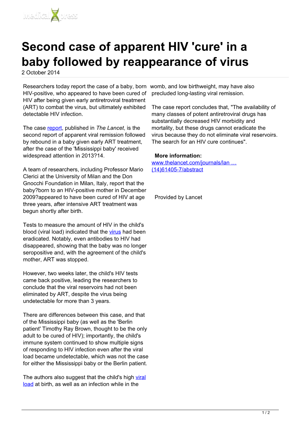 Second Case of Apparent HIV 'Cure' in a Baby Followed by Reappearance of Virus 2 October 2014