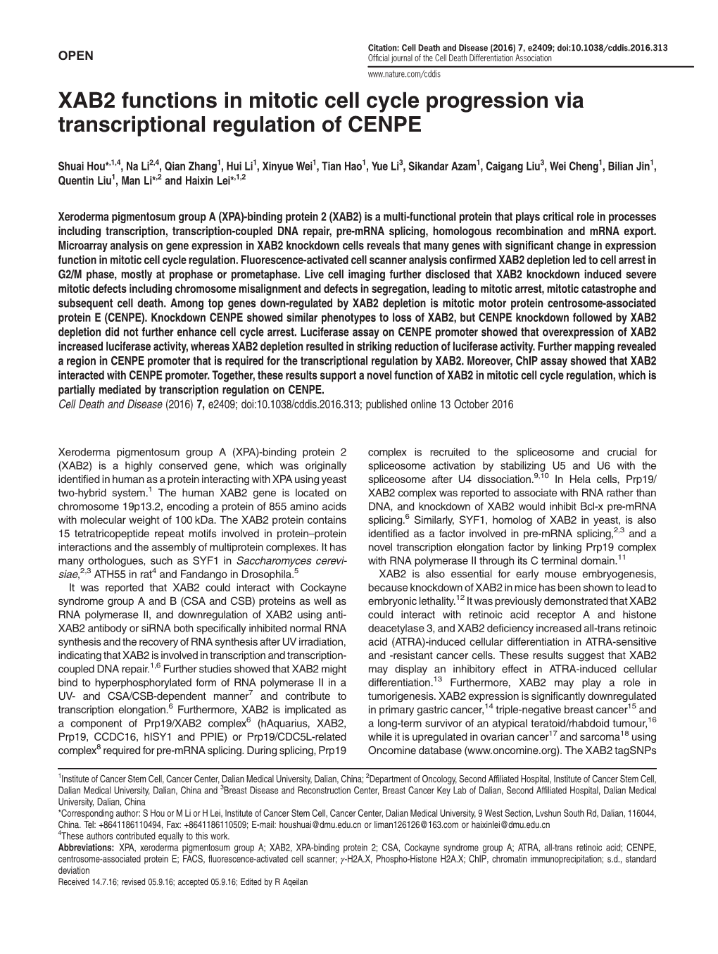 XAB2 Functions in Mitotic Cell Cycle Progression Via Transcriptional Regulation of CENPE