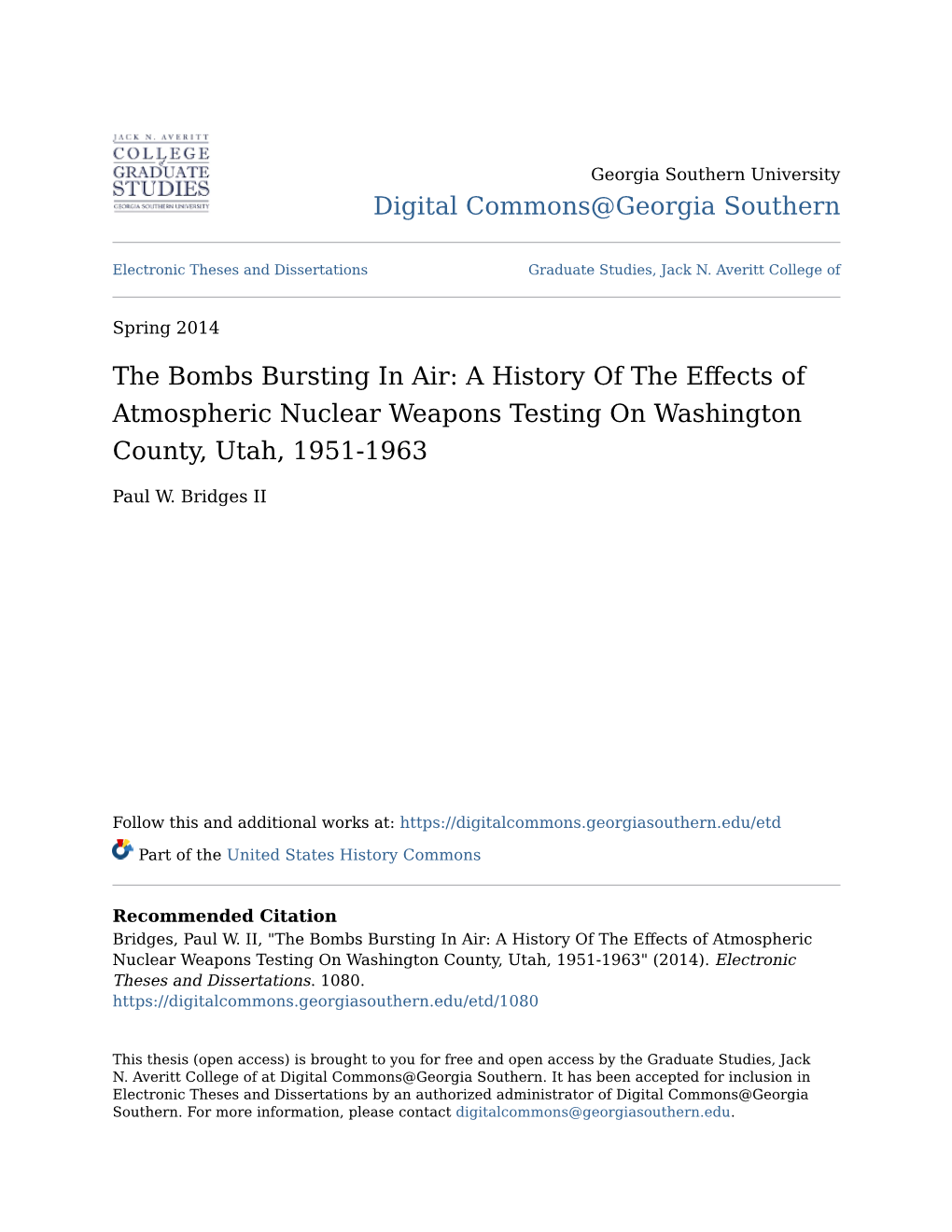 A History of the Effects of Atmospheric Nuclear Weapons Testing on Washington County, Utah, 1951-1963