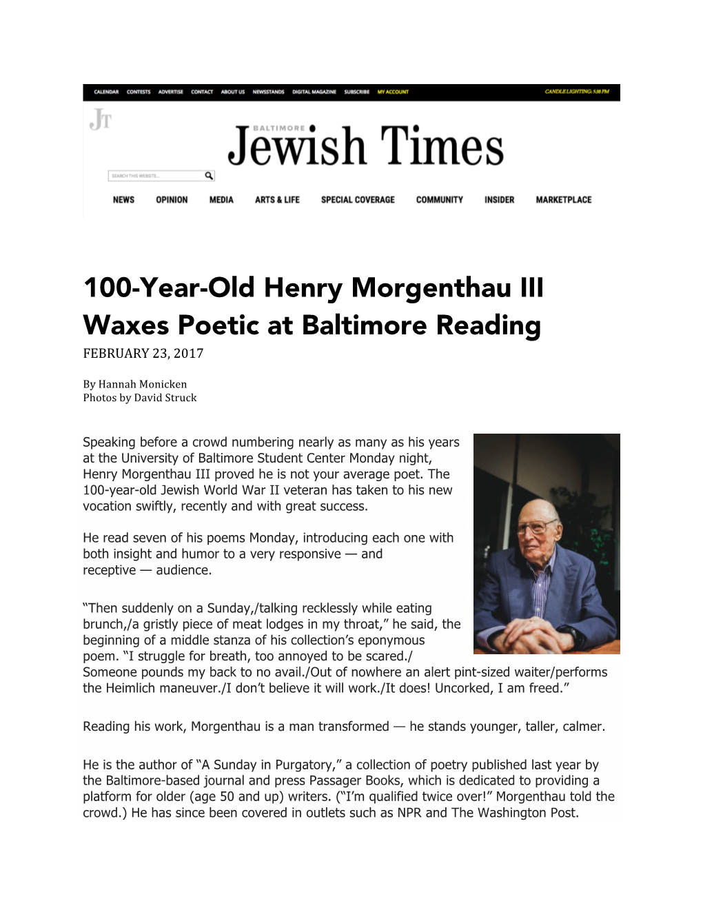 100-Year-Old Henry Morgenthau III Waxes Poetic at Baltimore Reading FEBRUARY 23, 2017