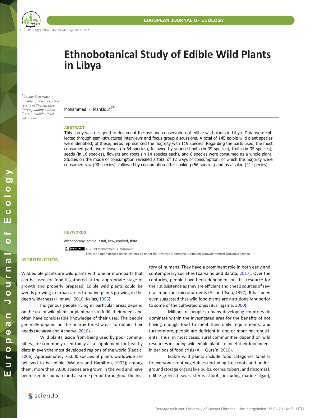 Ethnobotanical Study of Edible Wild Plants in Libya