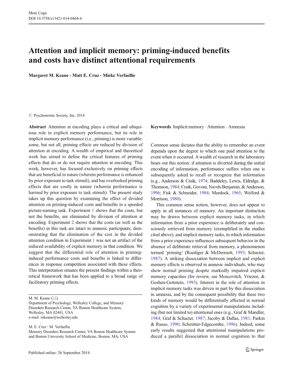 Attention and Implicit Memory: Priming-Induced Benefits and Costs Have Distinct Attentional Requirements