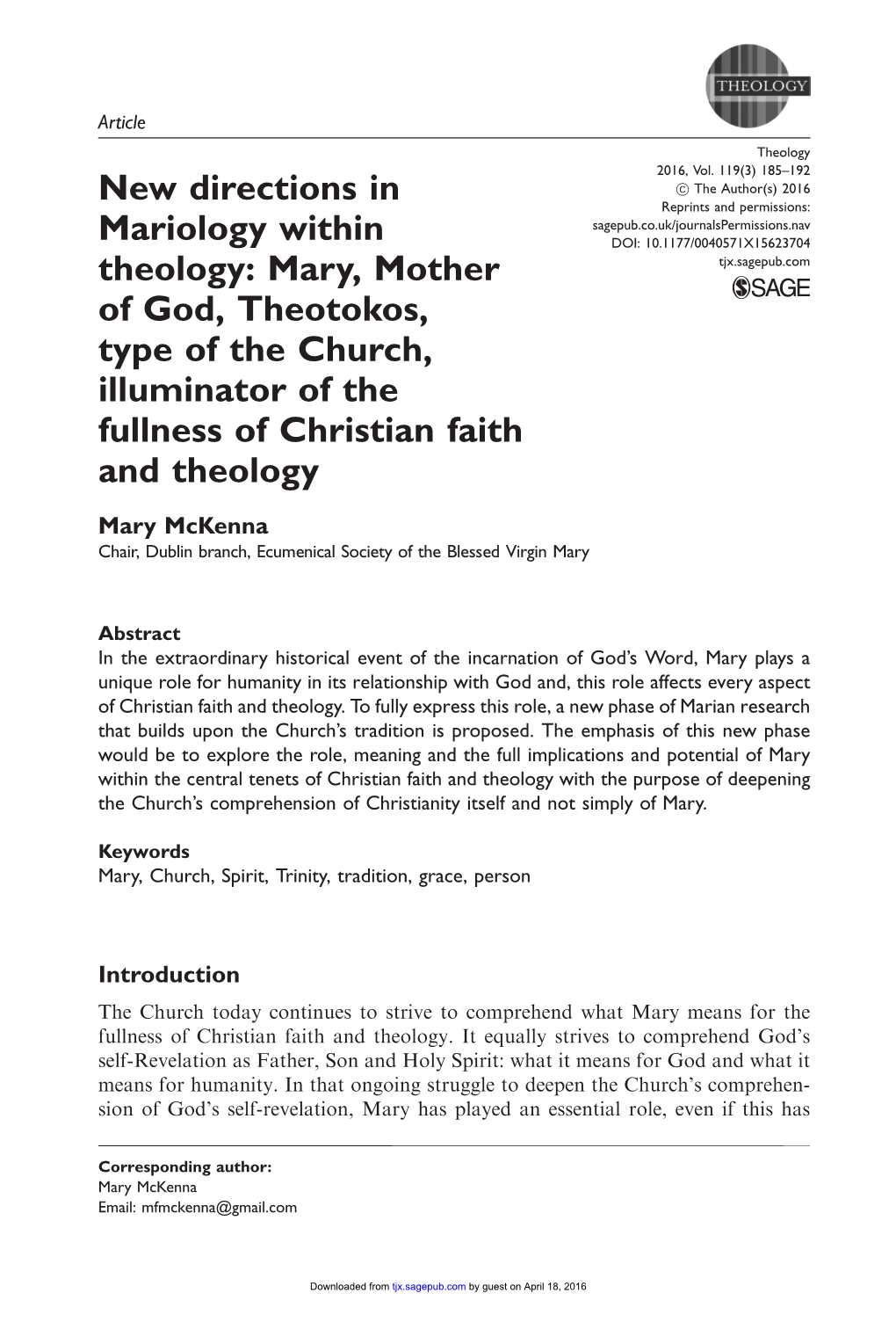 New Directions in Mariology Within Theology