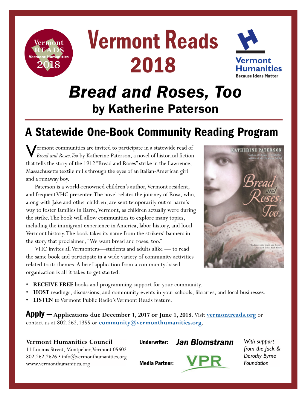 Vermont Reads 2018 Materials: Bread and Roses