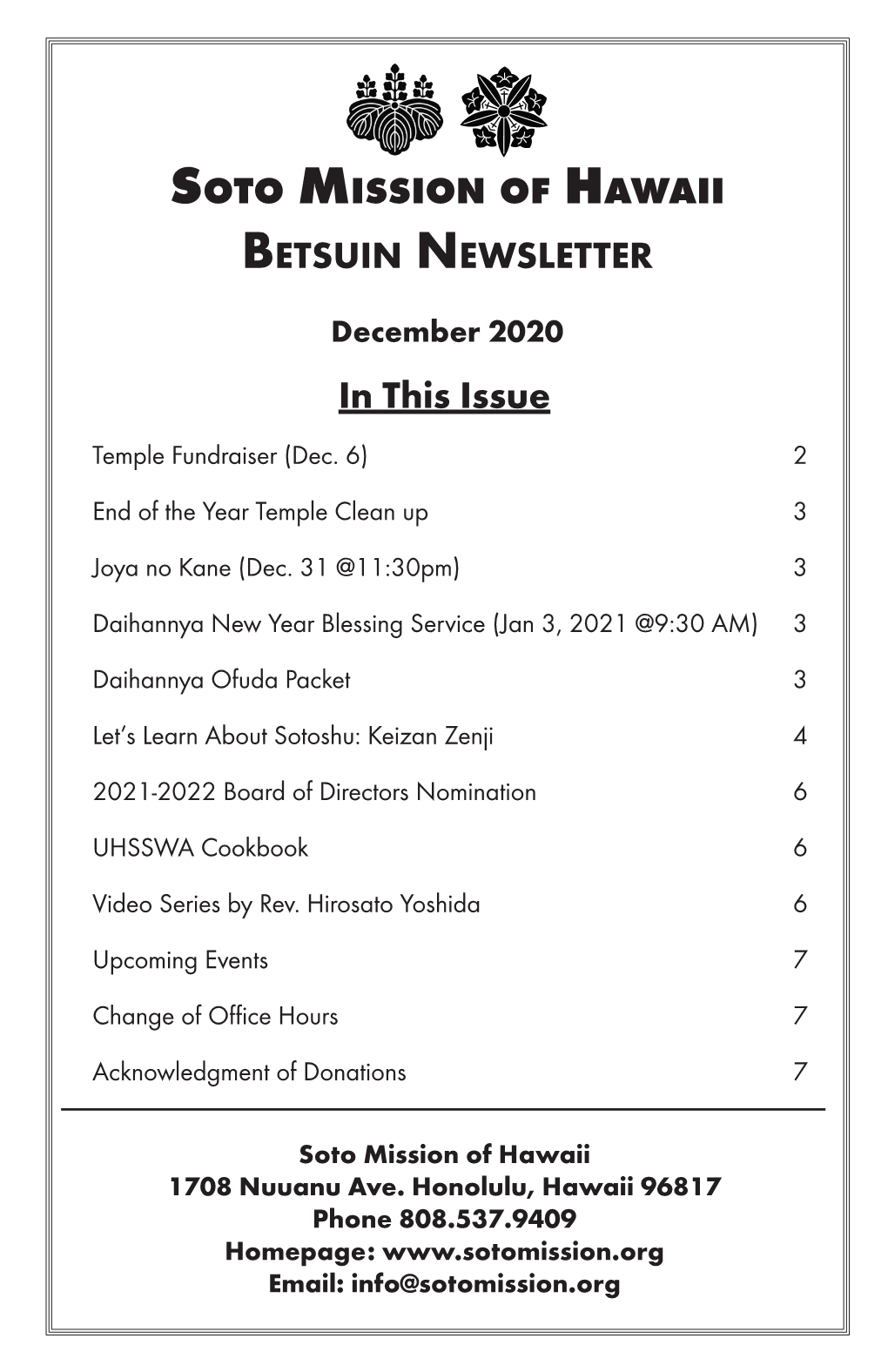 Soto Mission of Hawaii Betsuin Newsletter in This Issue