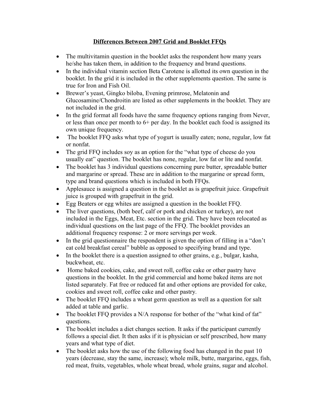 Differences Between 2007 Grid and Booklet Ffqs