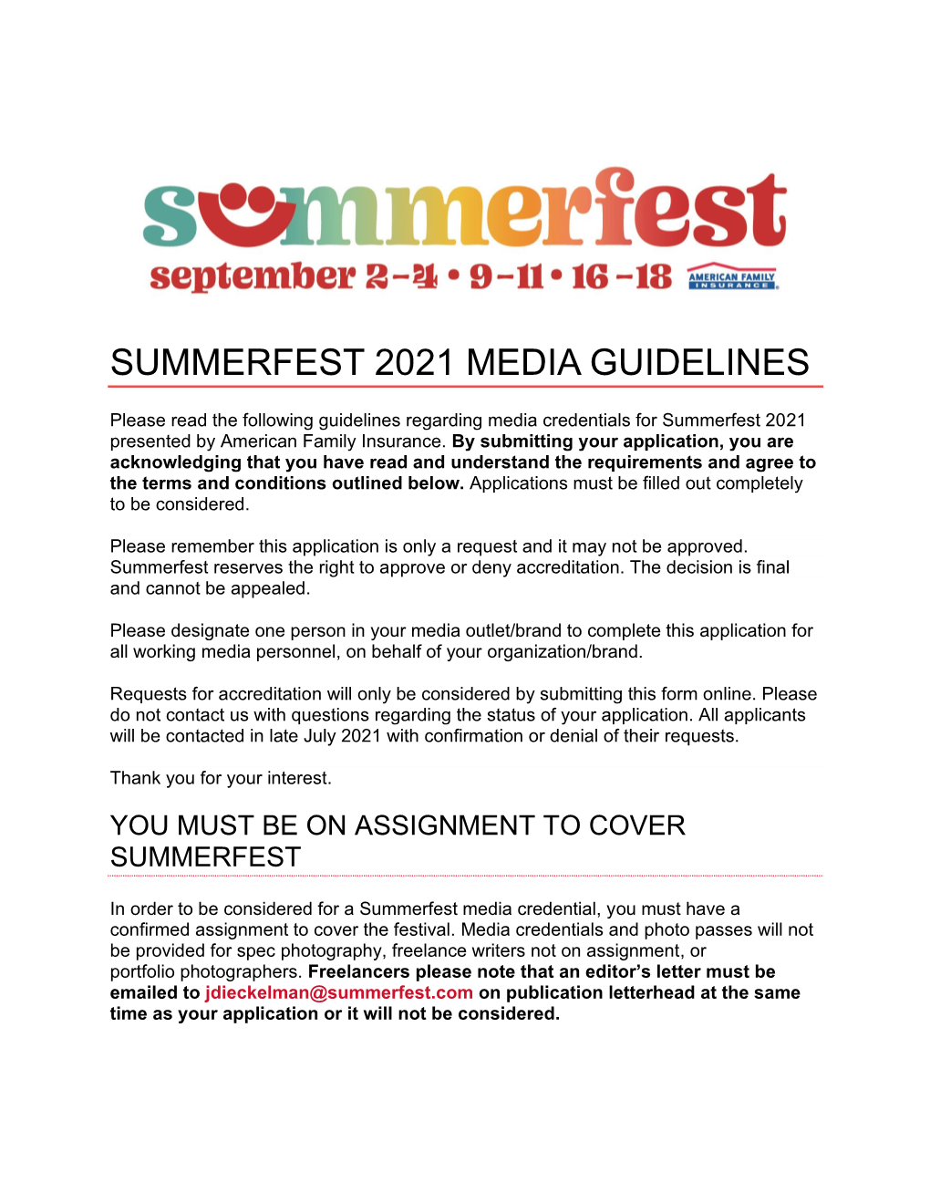 Summerfest 2021 Media Guidelines