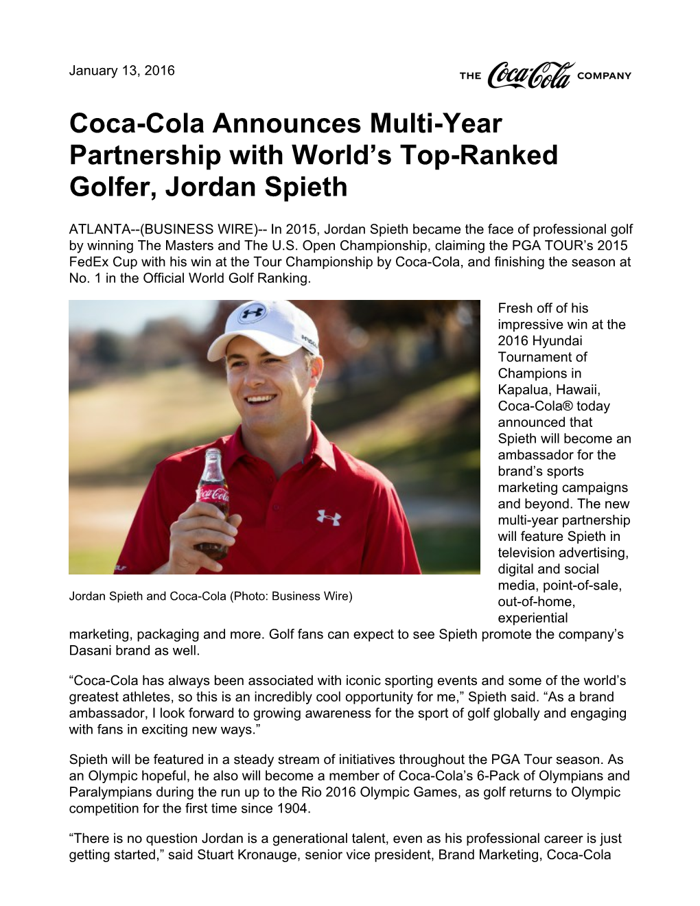 Coca-Cola Announces Multi-Year Partnership with World's Top-Ranked Golfer, Jordan Spieth