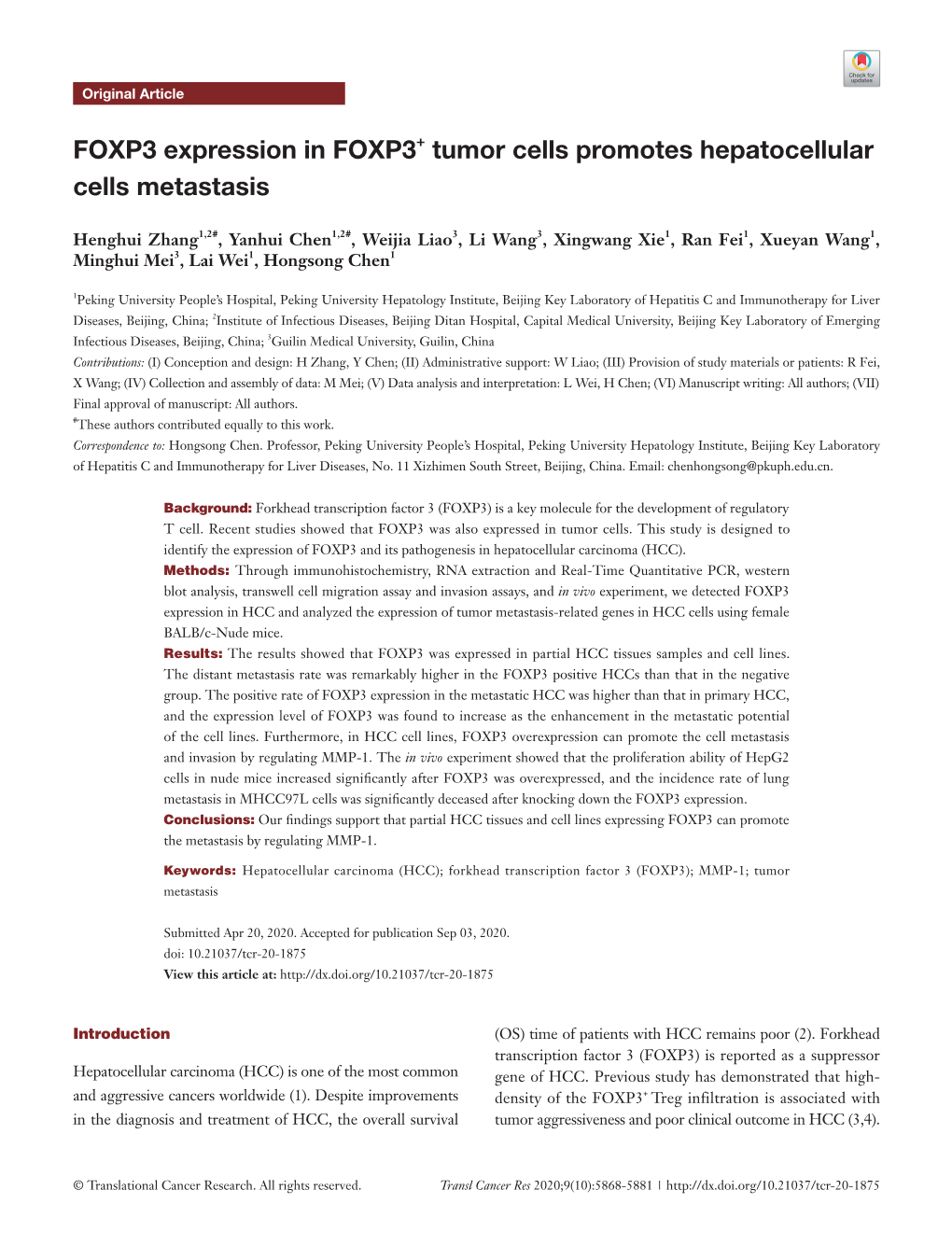 FOXP3 Expression in FOXP3+ Tumor Cells Promotes Hepatocellular Cells Metastasis