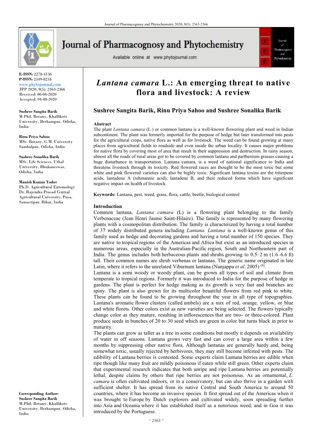 Lantana Camara L.: an Emerging Threat to Native Flora and Livestock