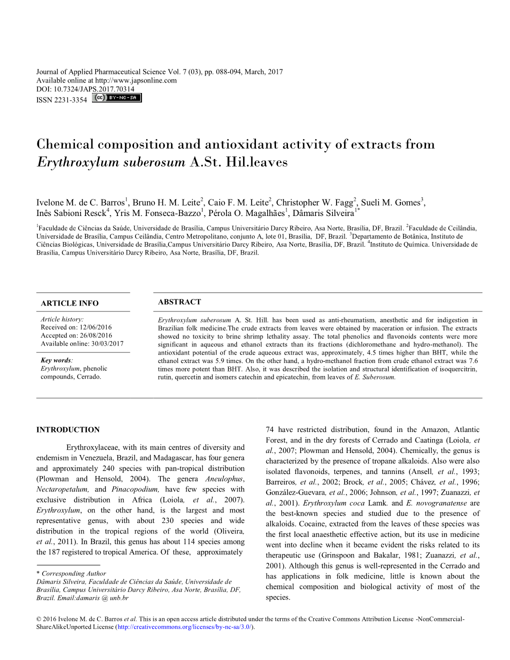 Chemical Composition and Antioxidant Activity of Extracts from Erythroxylum Suberosum A.St