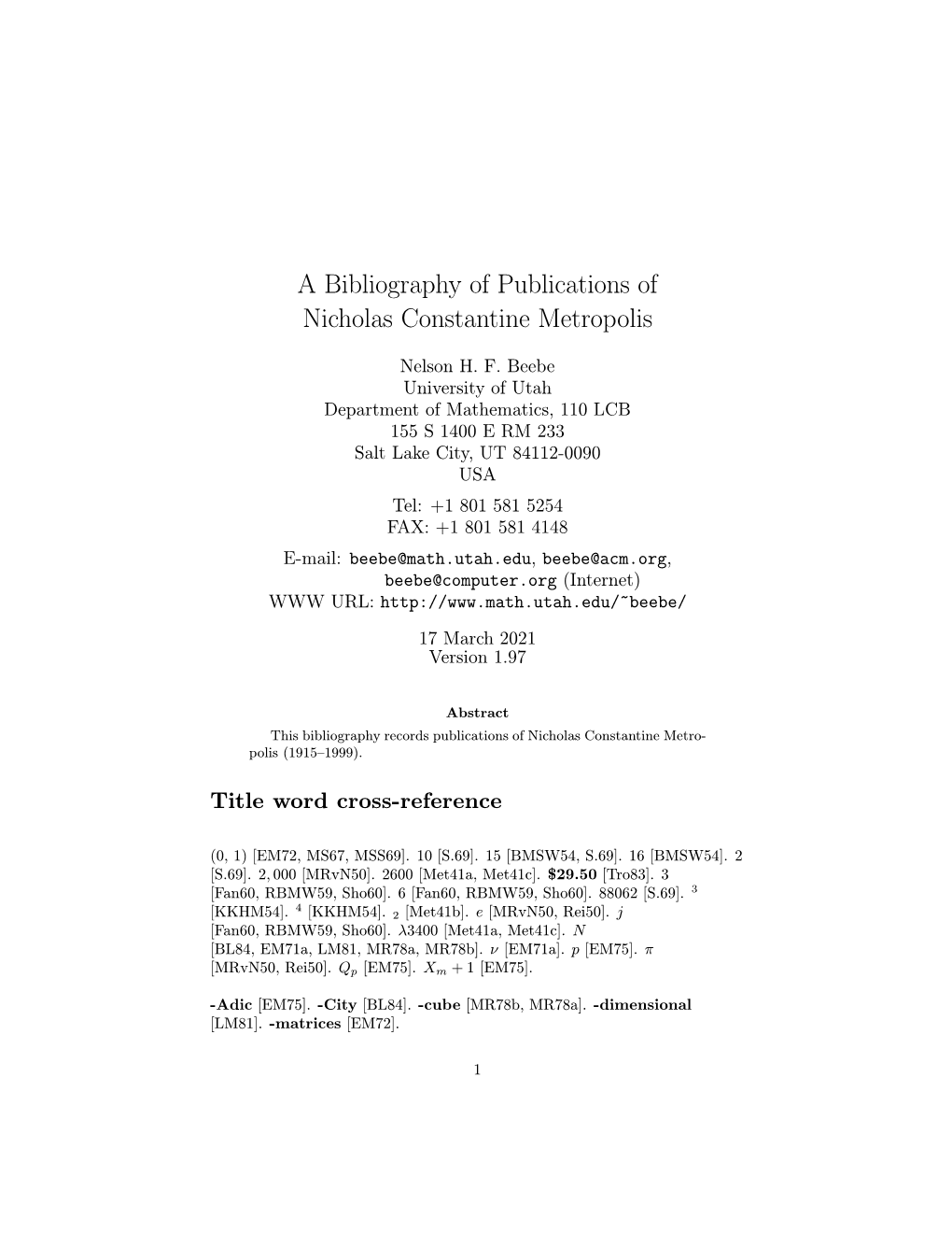 A Bibliography of Publications of Nicholas Constantine Metropolis