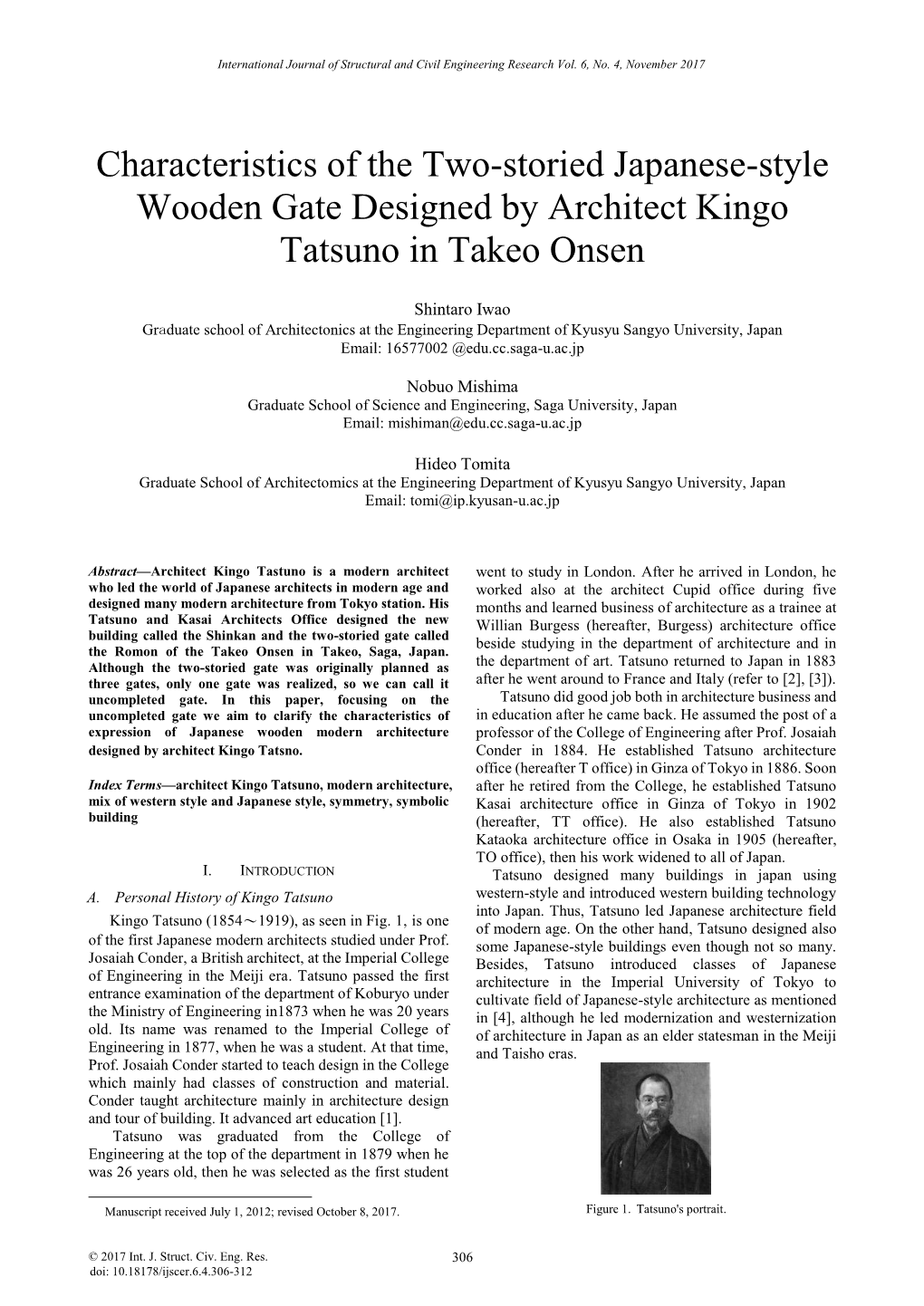 Characteristics of the Two-Storied Japanese-Style Wooden Gate Designed by Architect Kingo Tatsuno in Takeo Onsen