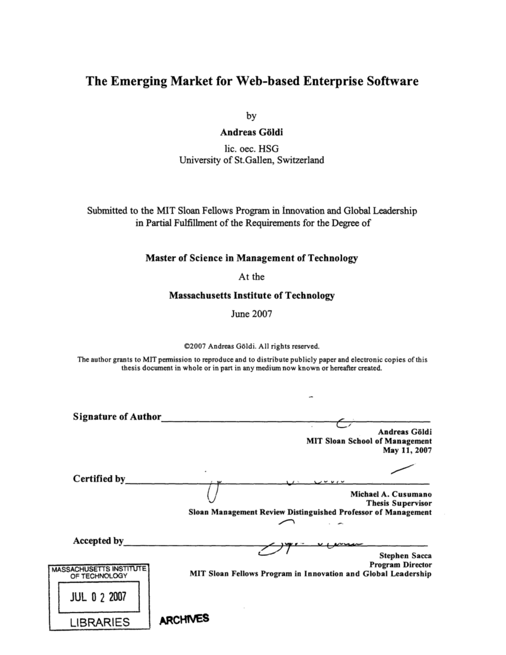 The Emerging Market for Web-Based Enterprise Software ARCHI-ES