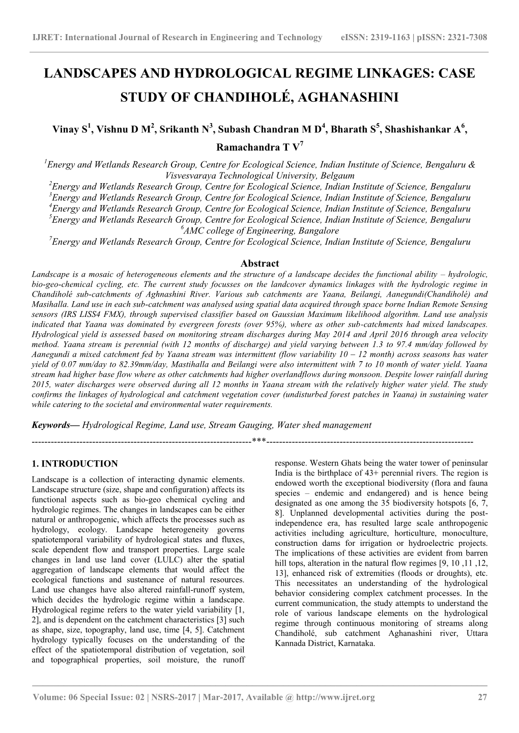 Landscapes and Hydrological Regime Linkages: Case Study of Chandiholé, Aghanashini