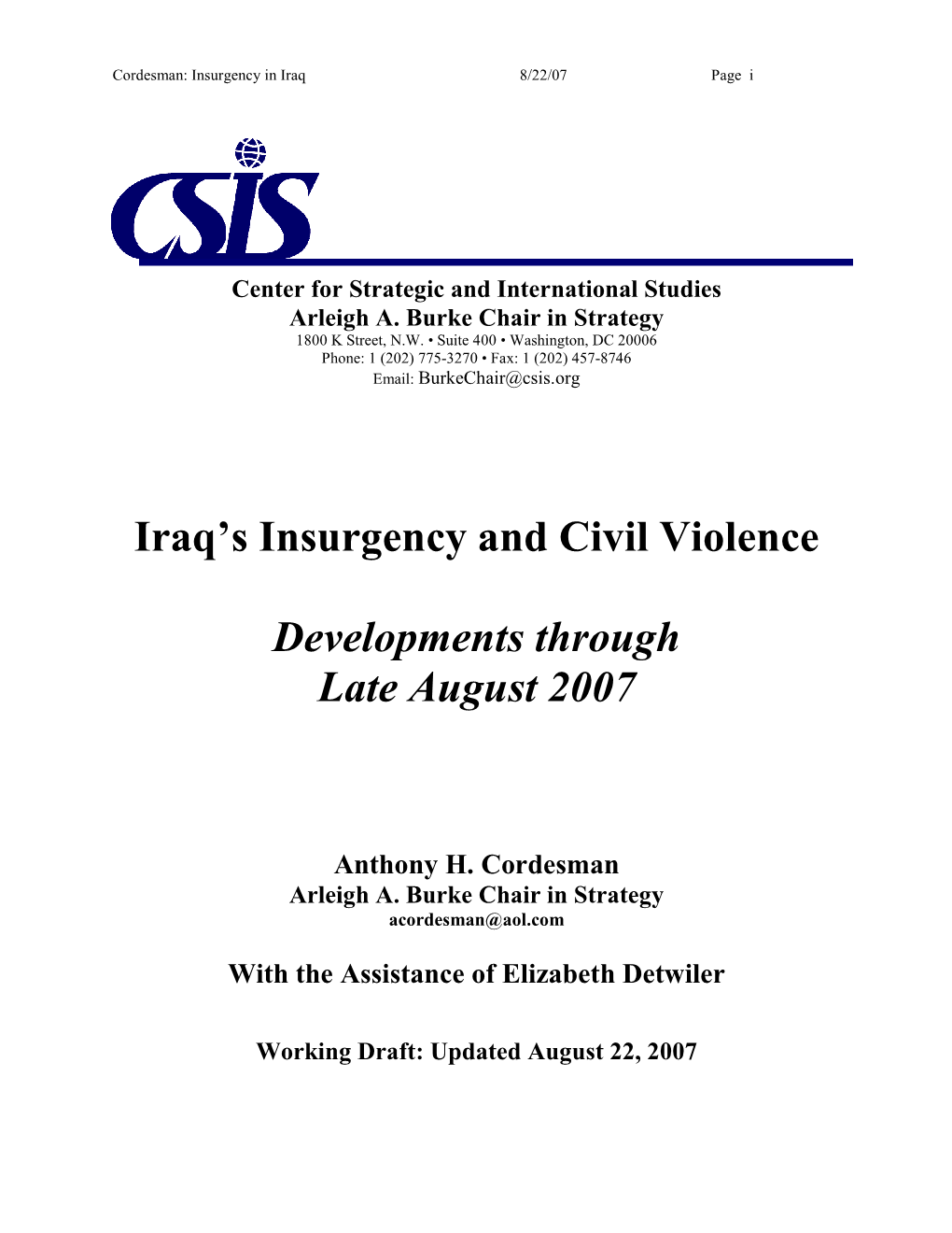 Iraq's Insurgency and Civil Violence Developments Through Late August