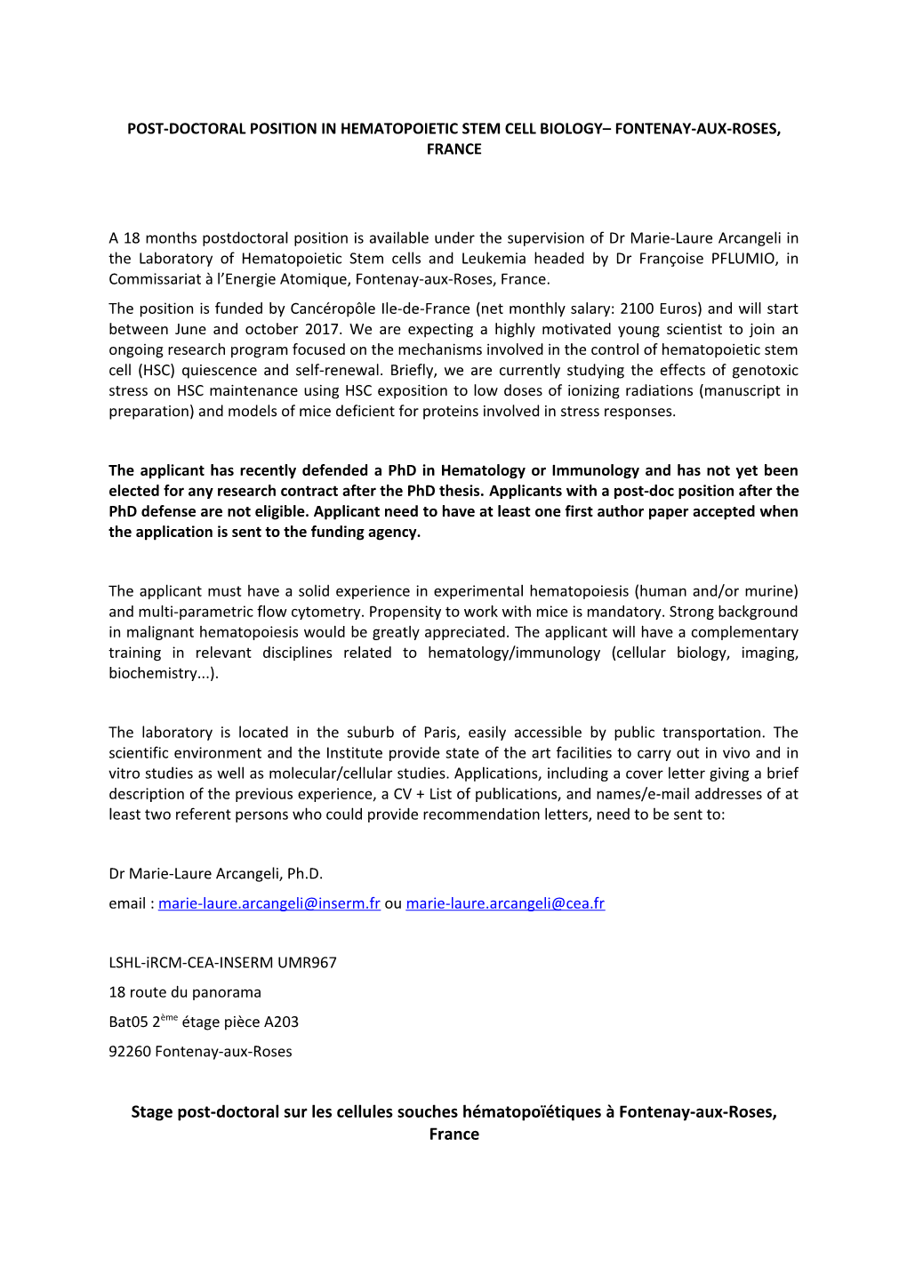 Post-Doctoral Position in Hematopoietic Stem Cell Biology Fontenay-Aux-Roses, France