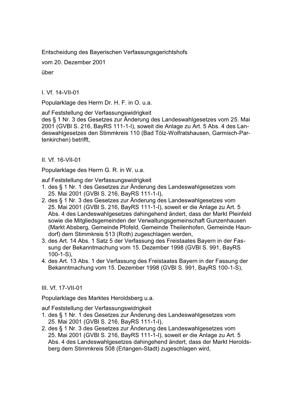 Entscheidung Des Bayerischen Verfassungsgerichtshofs Vom 20