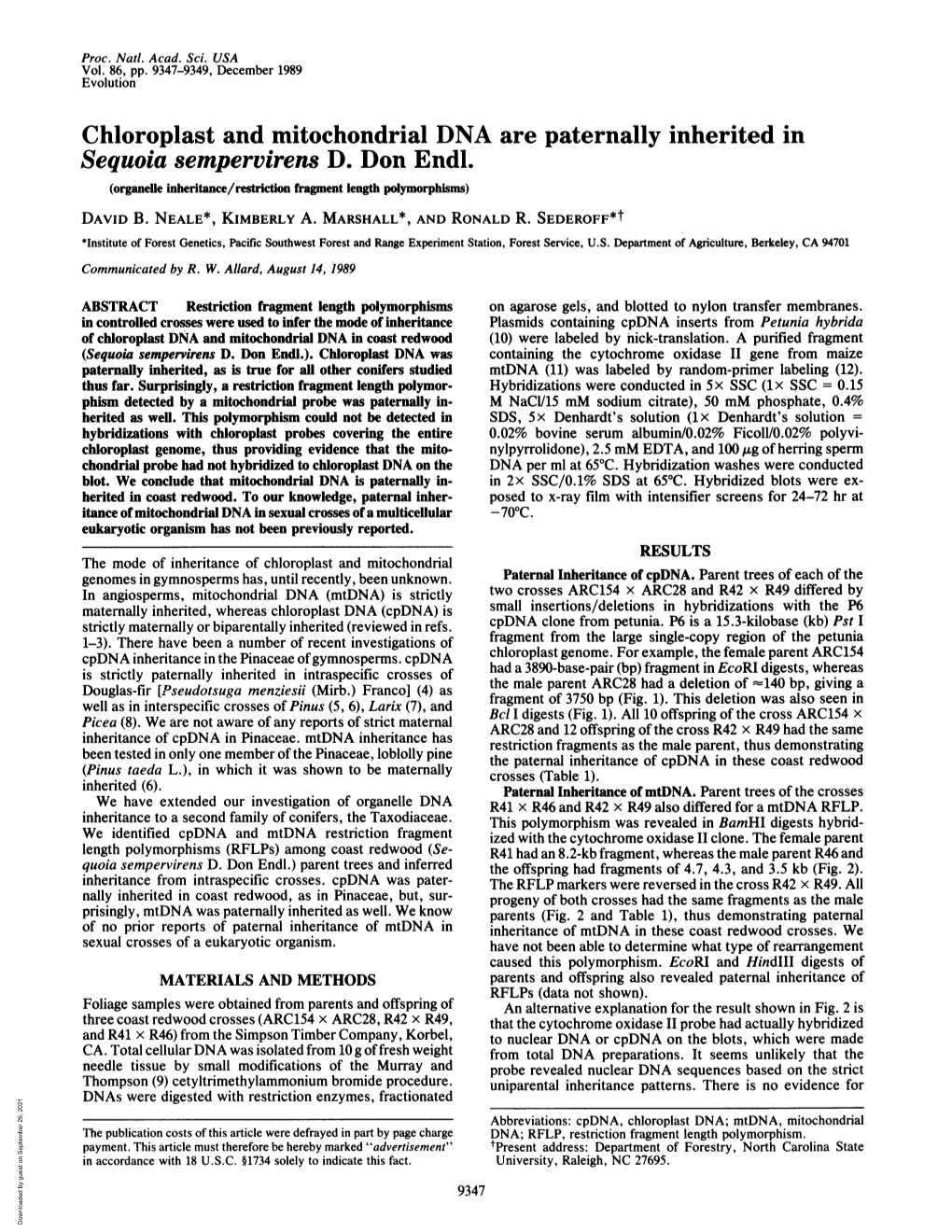 Chloroplast and Mitochondrial DNA Are Paternally Inherited in Sequoia Sempervirens D