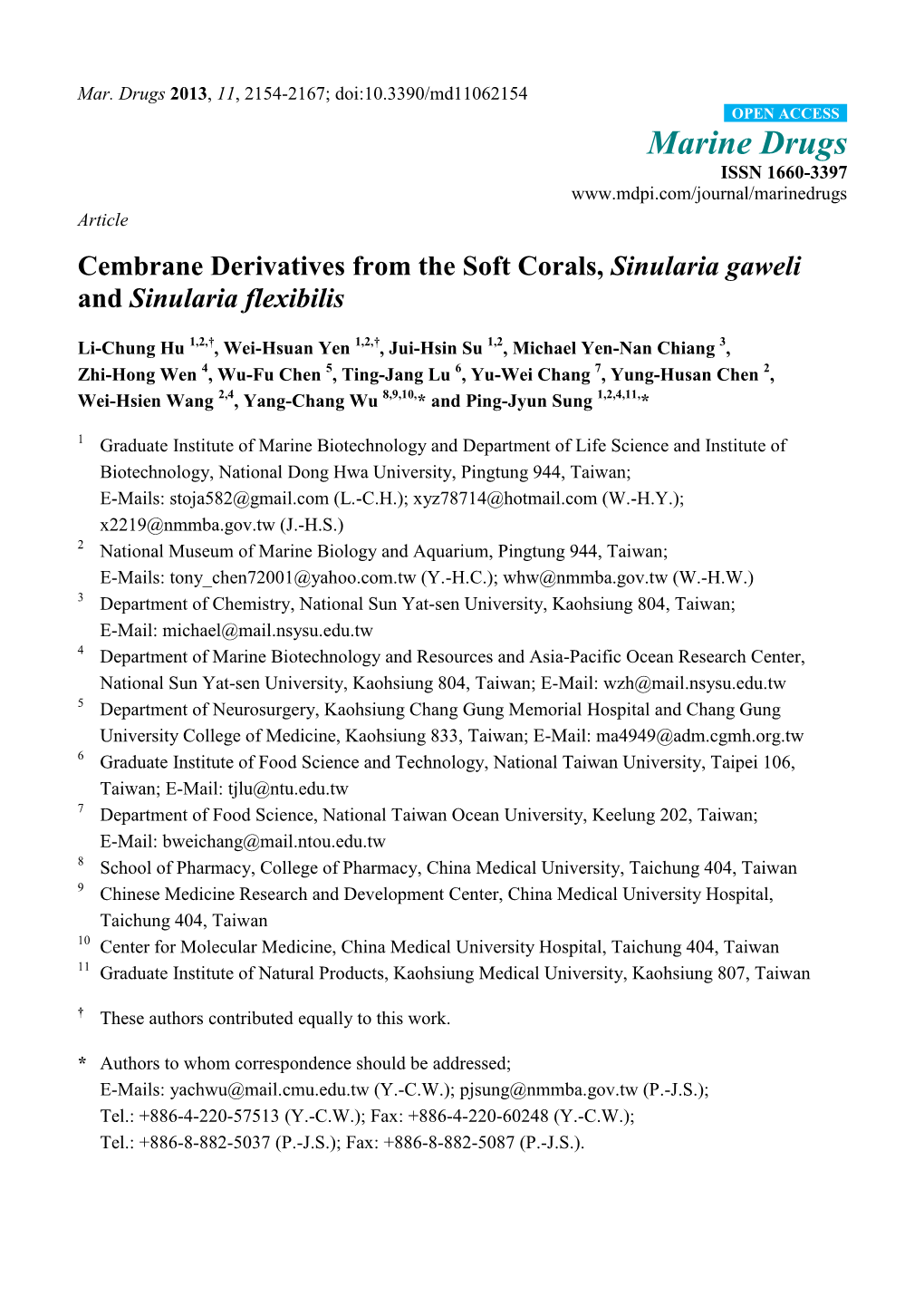 Cembrane Derivatives from the Soft Corals, Sinularia Gaweli and Sinularia Flexibilis