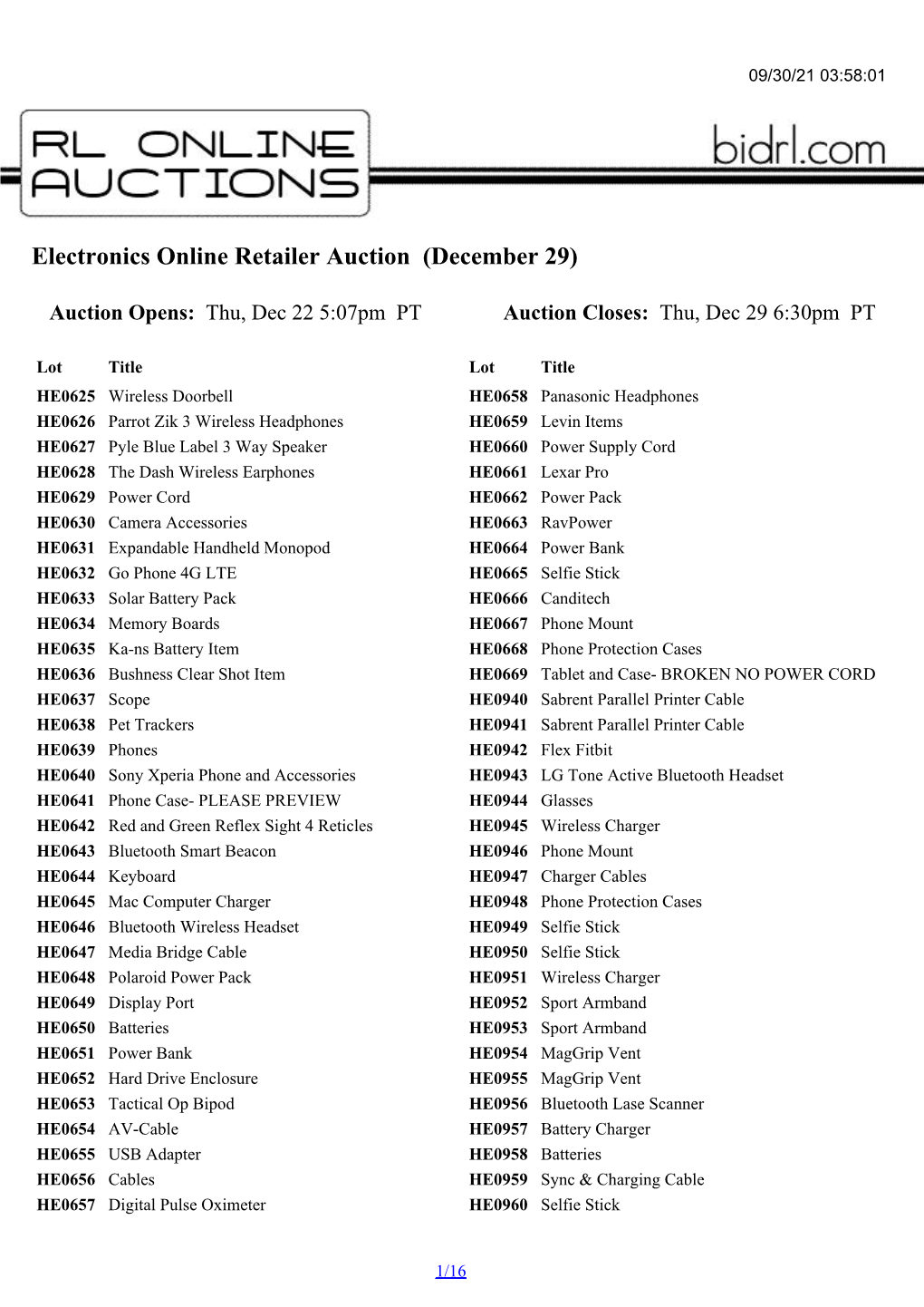 Electronics Online Retailer Auction (December 29)