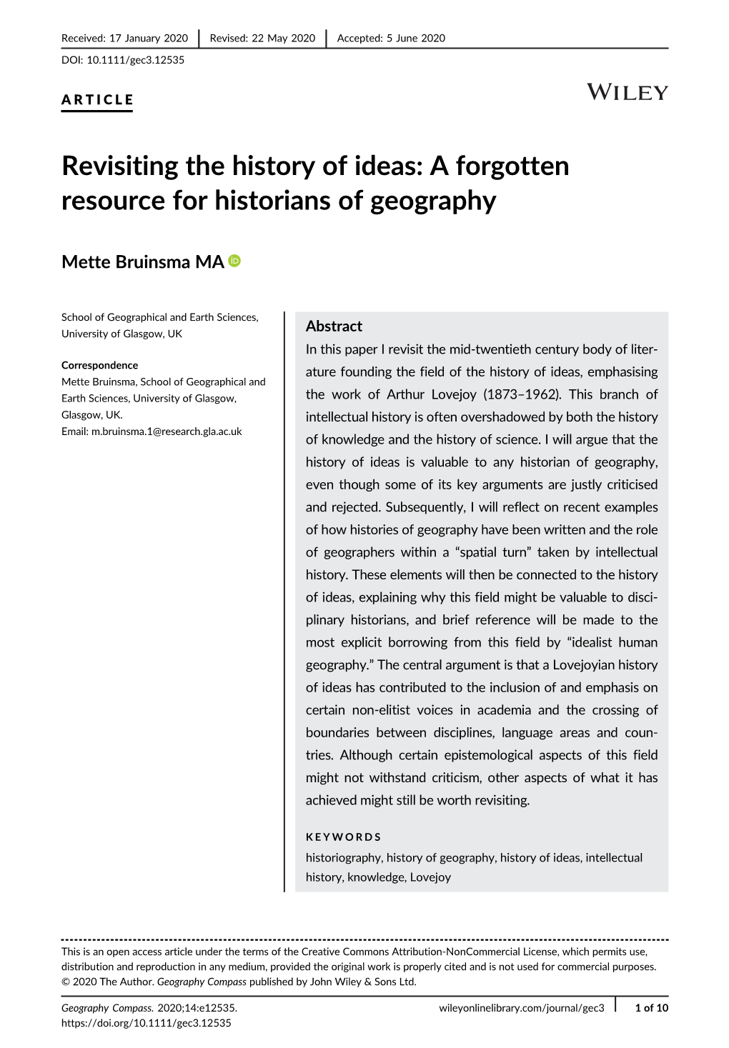 Revisiting the History of Ideas: a Forgotten Resource for Historians of Geography