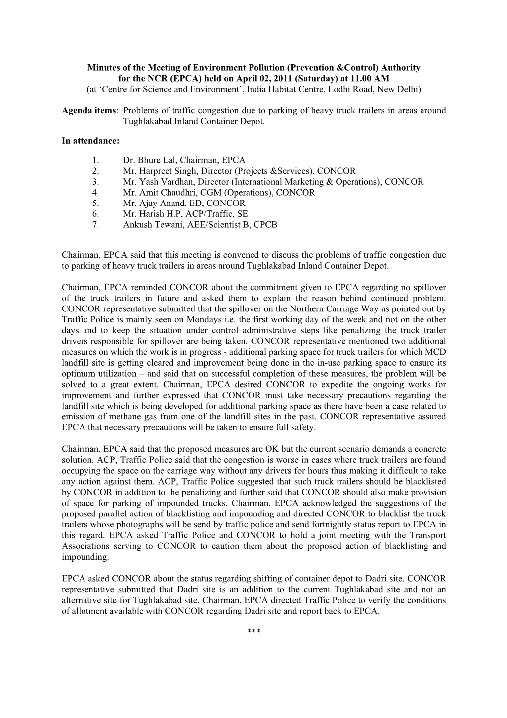 Minutes of the Meeting of Environment Pollution (Prevention &Control