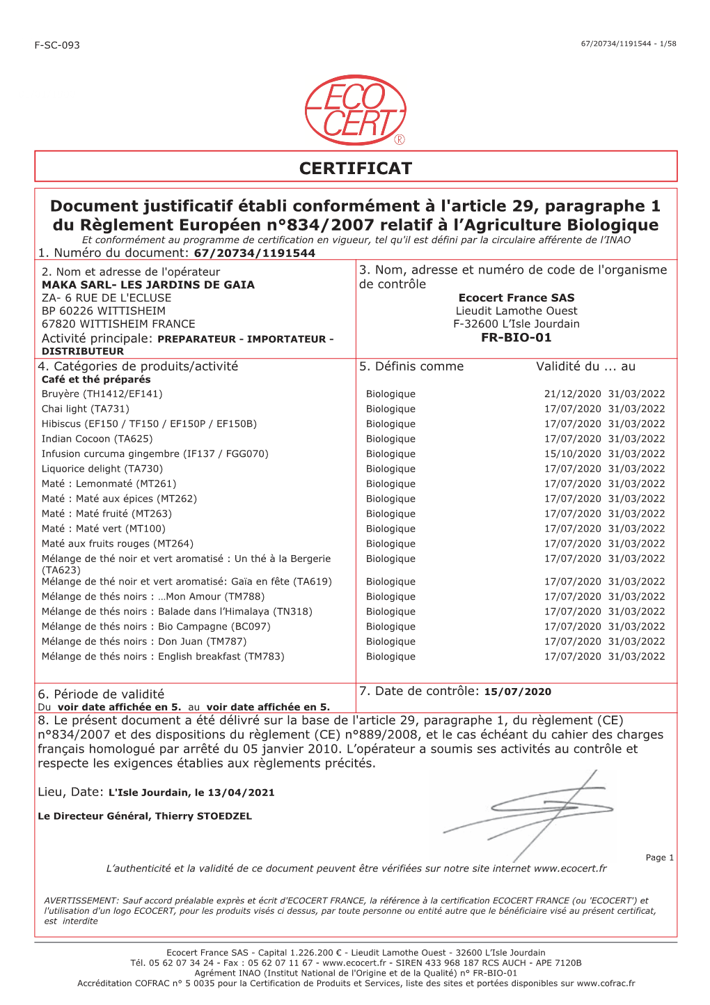 Certificat Agriculture Biologique