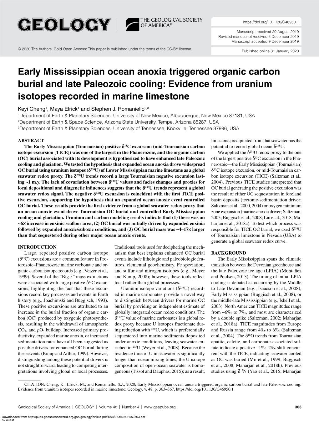 Early Mississippian Ocean Anoxia Triggered Organic Carbon Burial And