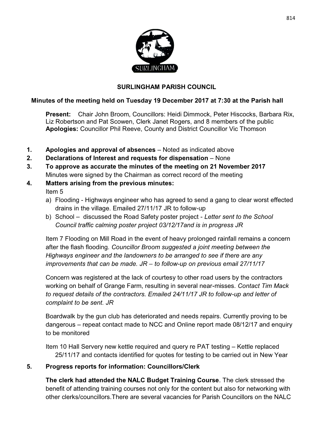 SURLINGHAM PARISH COUNCIL Minutes of the Meeting Held on Tuesday 19 December 2017 at 7:30 at the Parish Hall Present: Chair John