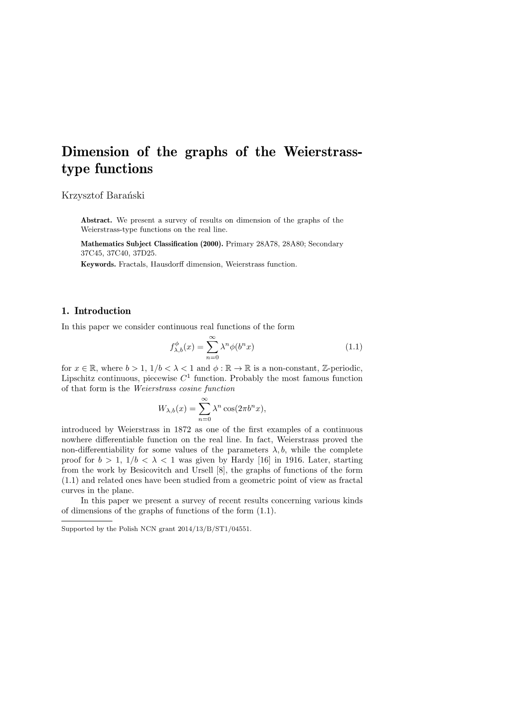 Dimension of the Graphs of the Weierstrass- Type Functions