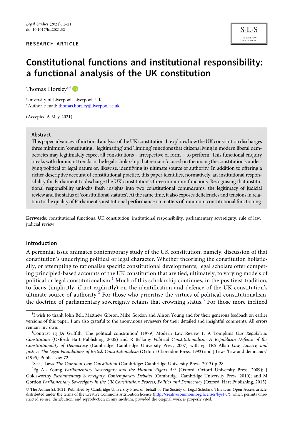 Constitutional Functions and Institutional Responsibility: a Functional Analysis of the UK Constitution