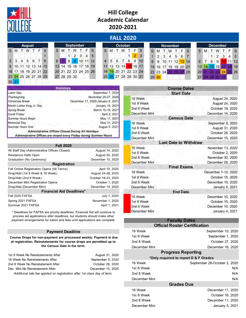 Hill College Academic Calendar 2020-2021