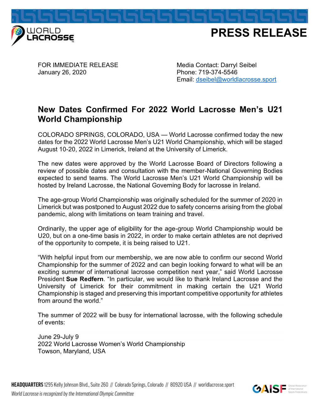 New Dates Confirmed for 2022 World Lacrosse Men’S U21 World Championship