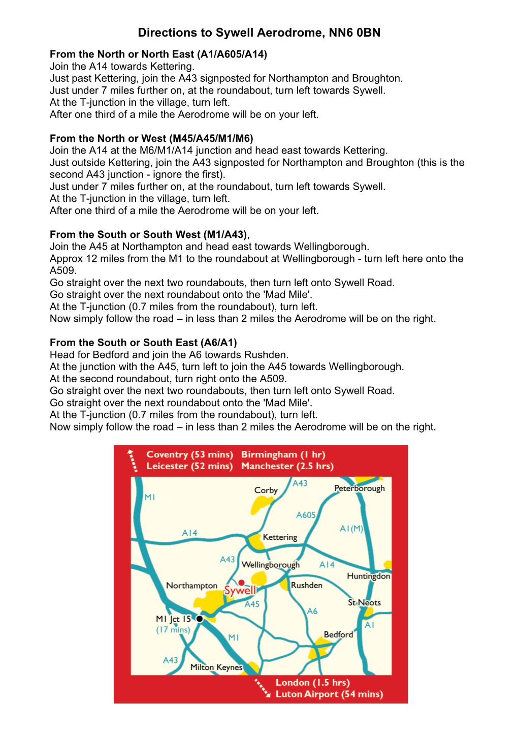 Directions to Sywell Aerodrome, NN6 0BN