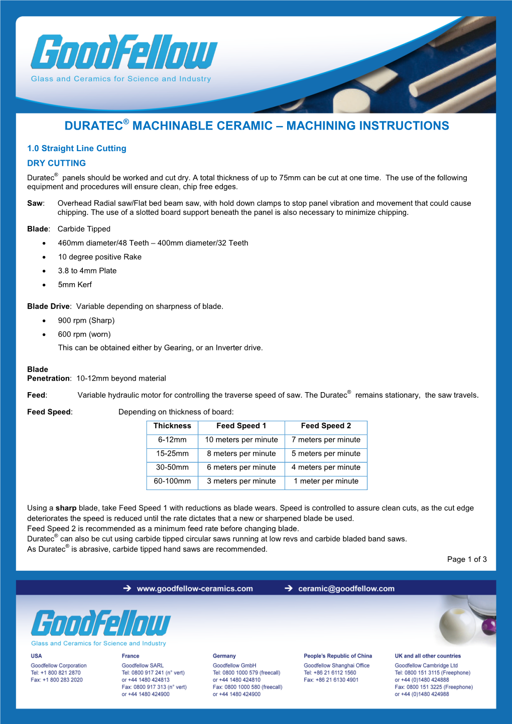 Duratec® Machining Instructions