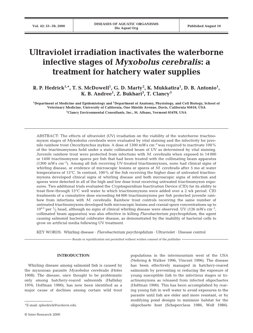 Ultraviolet Irradiation Inactivates the Waterborne Infective Stages of Myxobolus Cerebralis: a Treatment for Hatchery Water Supplies