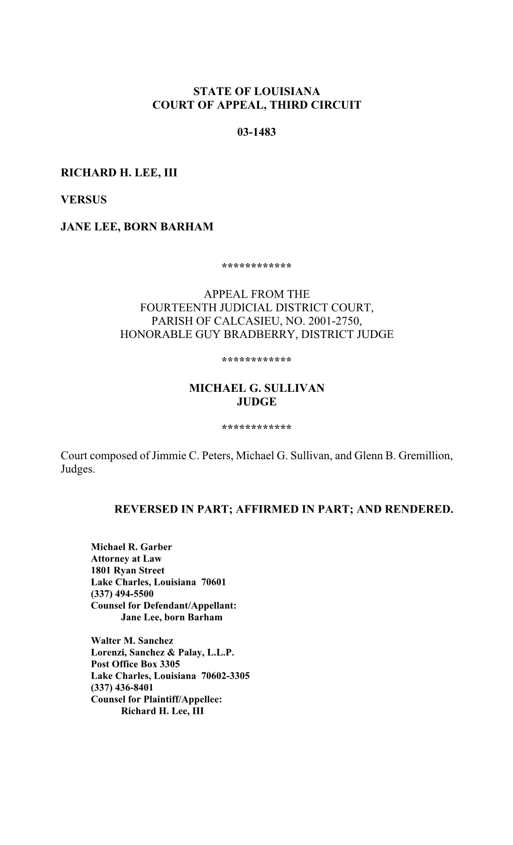 State of Louisiana Court of Appeal, Third Circuit 03-1483